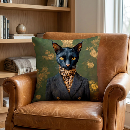 Black cat cushion styled on a leather reading chair