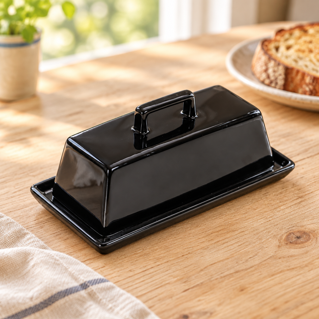 Black ceramic butter dish in a cottage kitchen