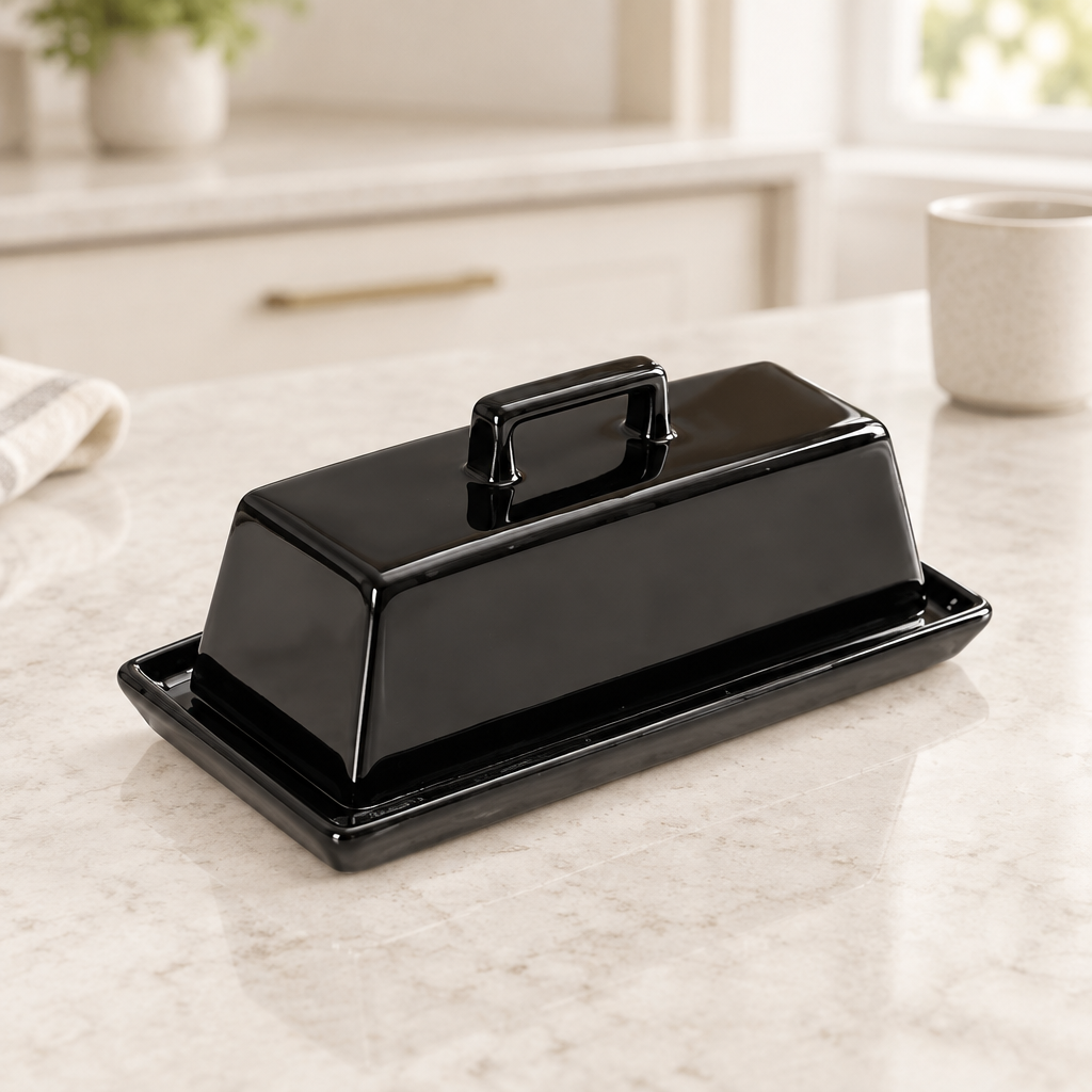 Black ceramic butter dish in a modern minimalist kitchen