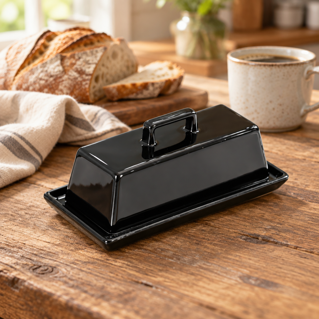 Black ceramic butter dish on a rustic farmhouse breakfast table