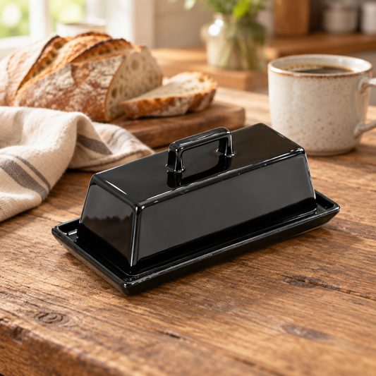 Black ceramic butter dish on a rustic farmhouse breakfast table