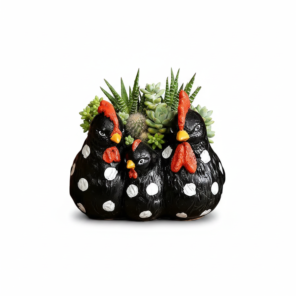 Black Chicken Planter with Succulents