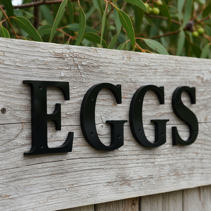 Black EGGS letters on farm board
