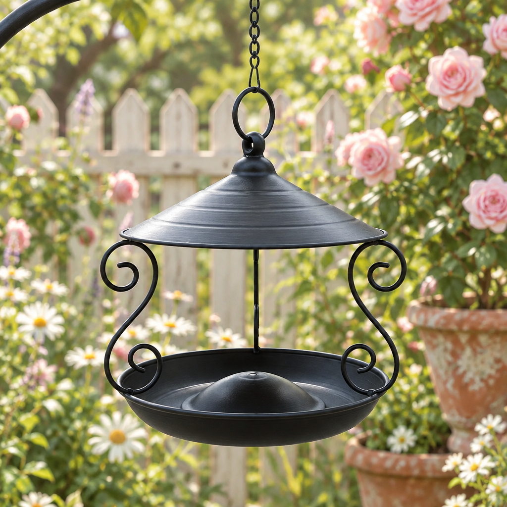 Black hanging bird feeder in a cottage garden with roses and a picket fence