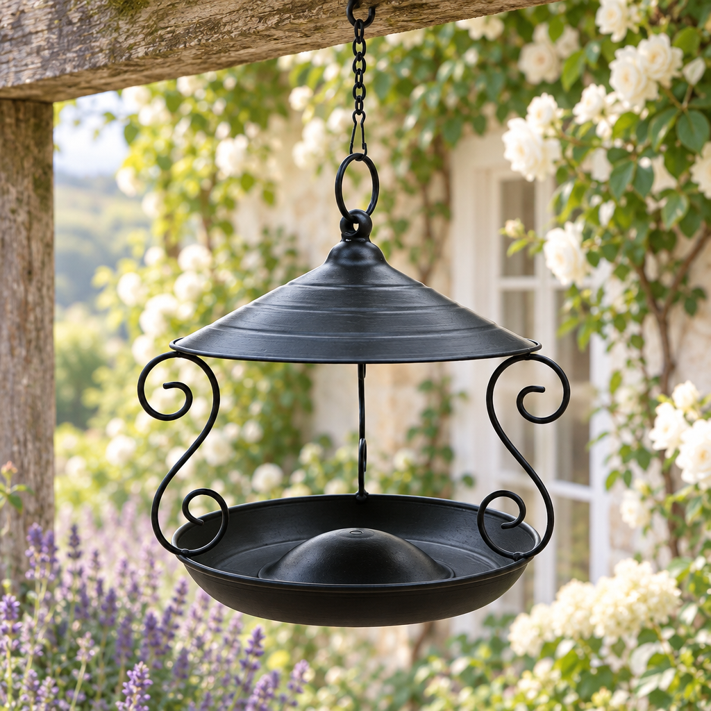 Black hanging bird feeder on a cottage verandah with roses and lavender