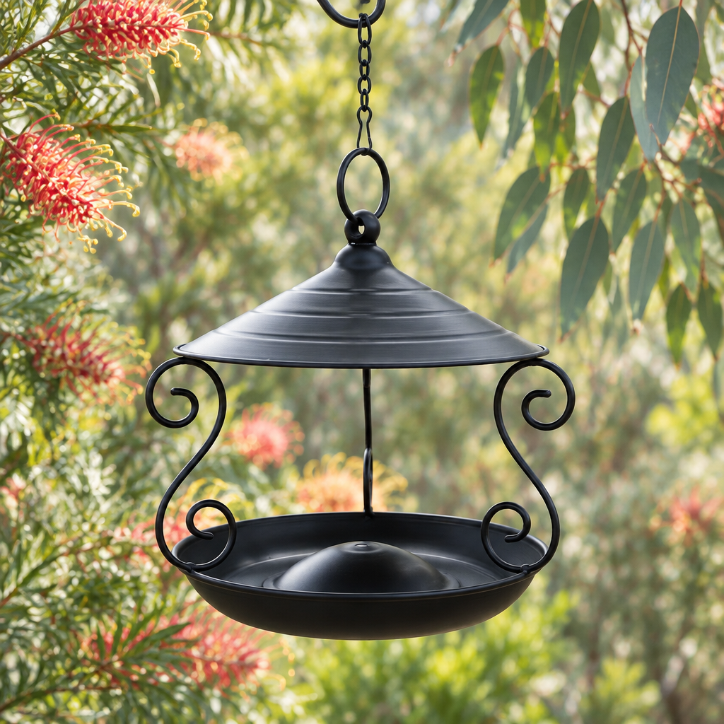 Black hanging feeder in an Australian native garden