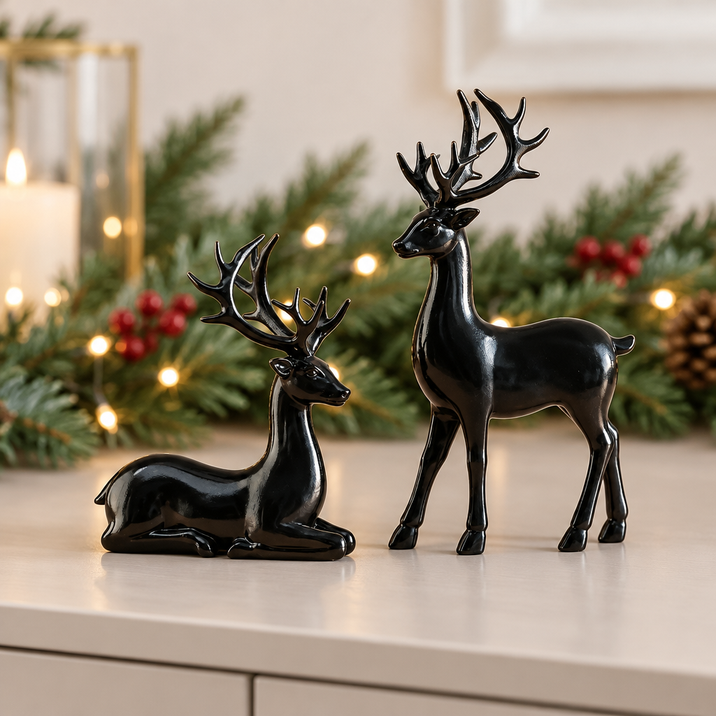 Black reindeer pair in a modern Christmas display