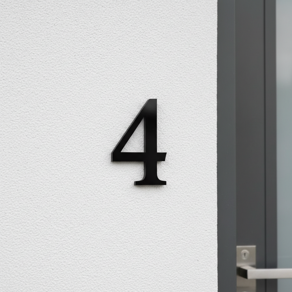 Black serif house number 4 on rendered wall