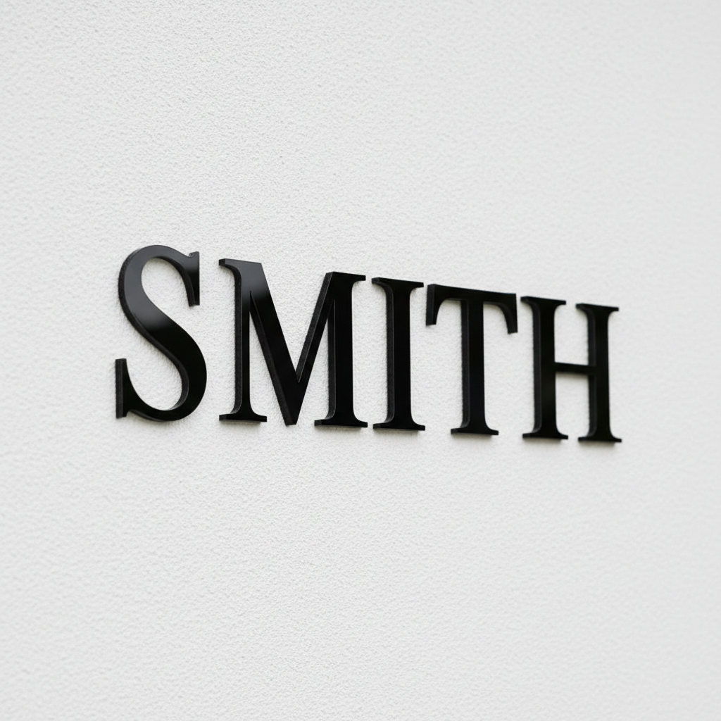 Black serif SMITH family name on entry wall