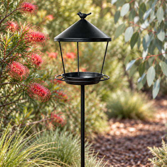 Black standing bird feeder close-up in an Australian native garden