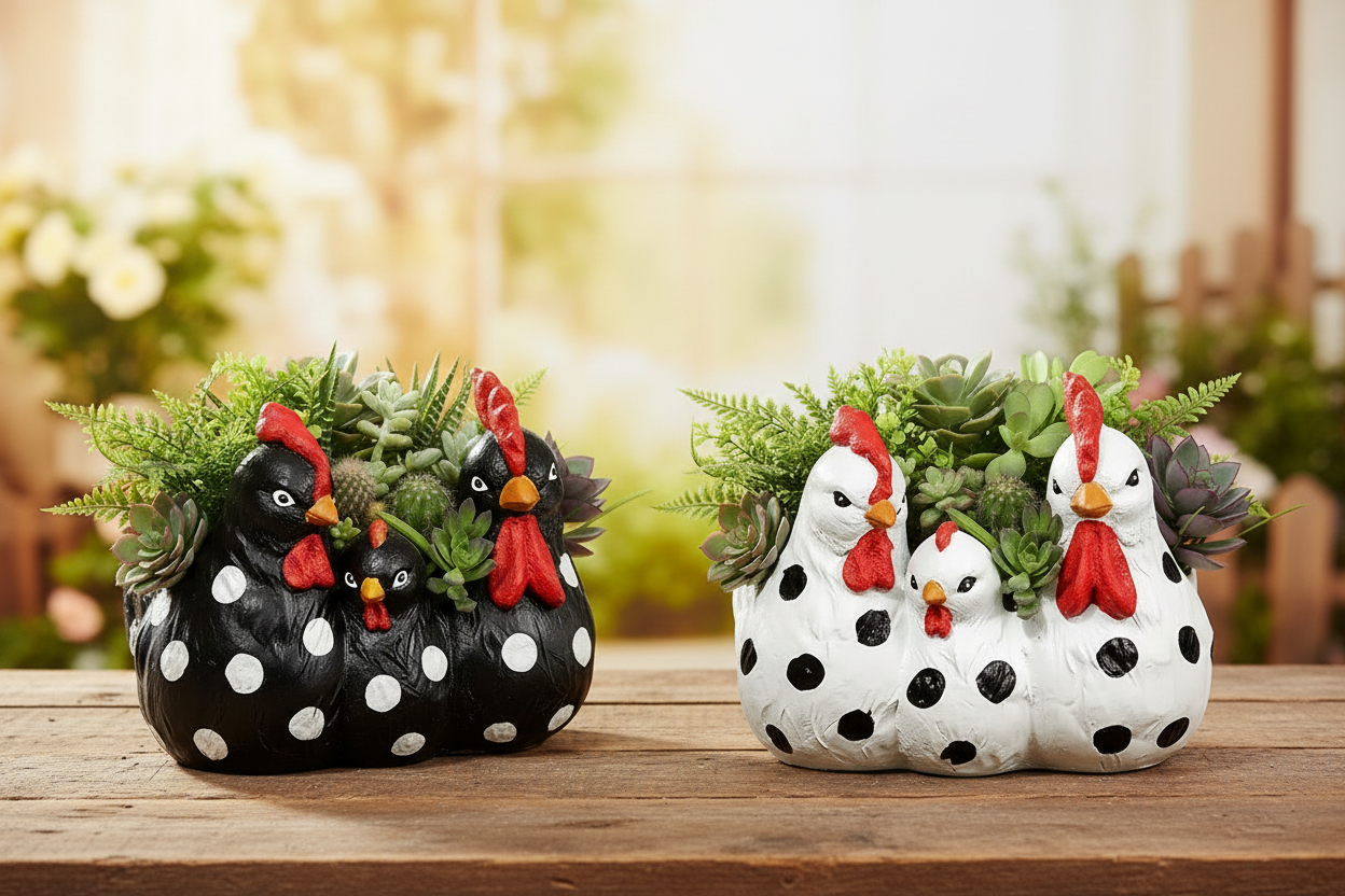 Black & White Chicken Planters — Lifestyle