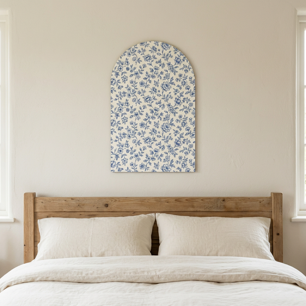 Blue-and-white classic arch artwork mounted on the bedroom wall