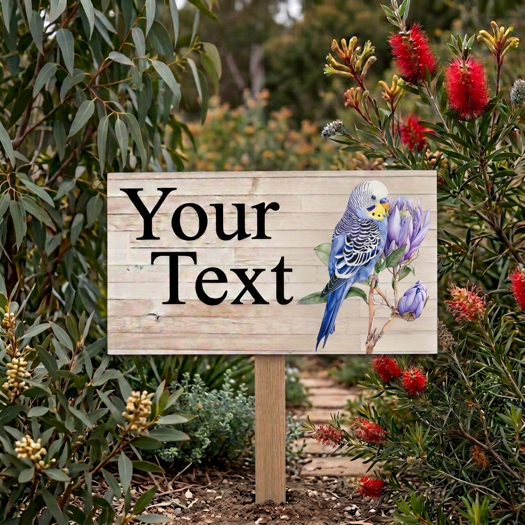Blue budgie garden-stake revision with clean artwork edges