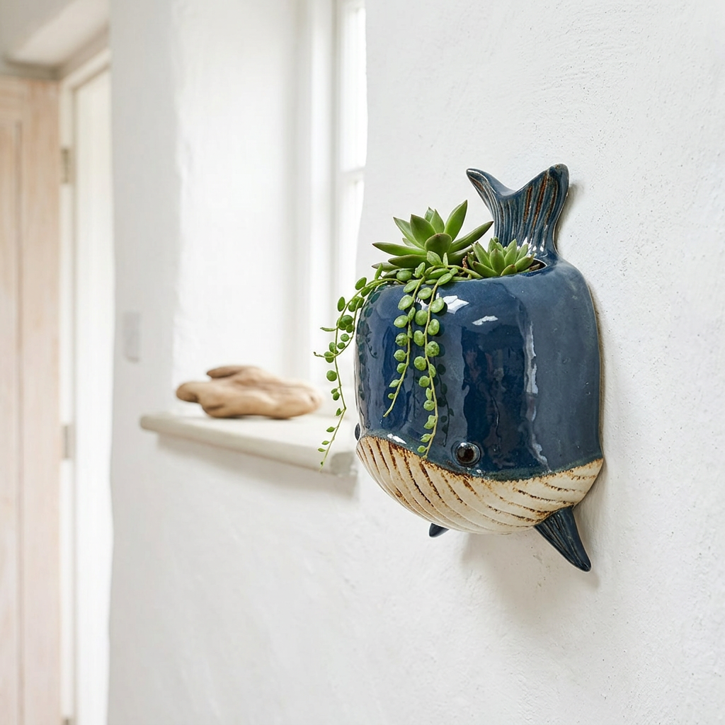 Blue ceramic whale wall planter styled on a coastal cottage wall