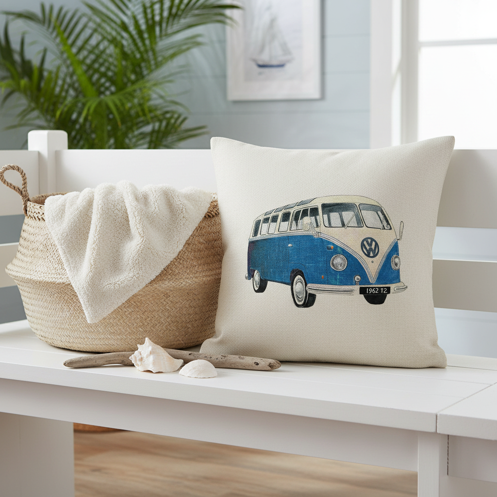 Blue Kombi cushion — coastal bench lifestyle