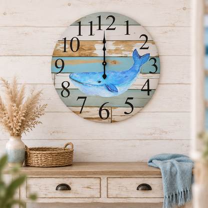 Blue whale coastal wall clock above a whitewashed entryway console