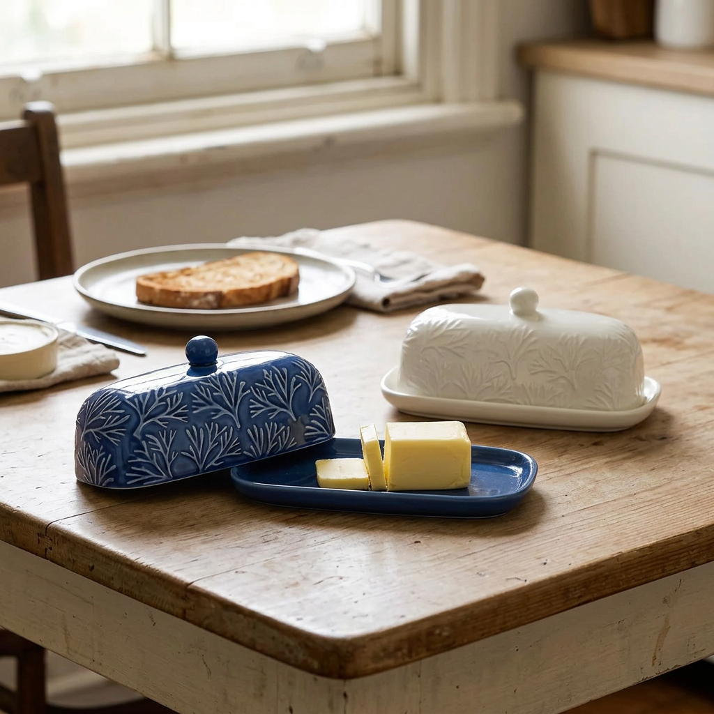 Botanical butter dishes styled on a cottage breakfast table
