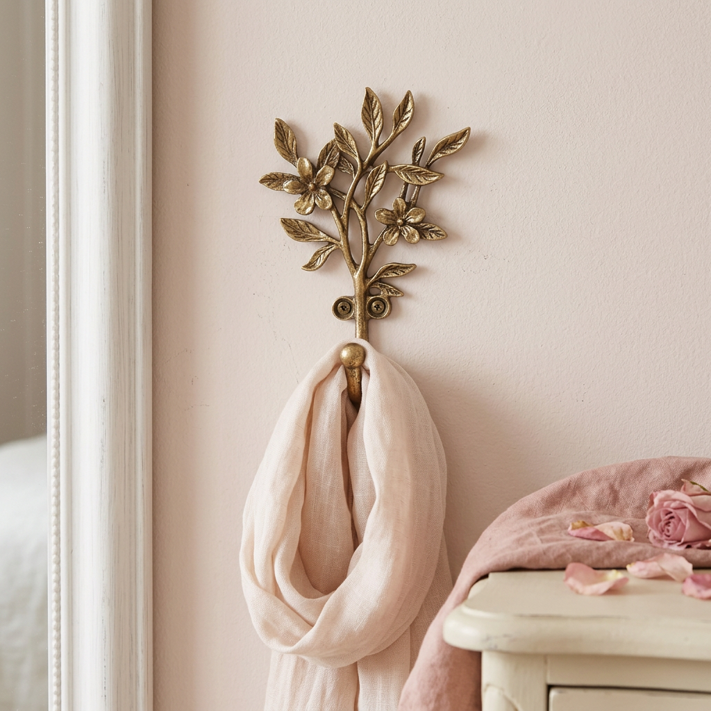 Botanical hook with a scarf in a French provincial dressing nook