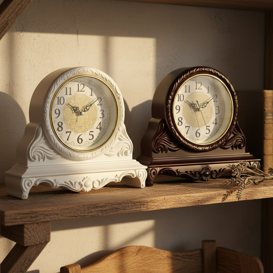 Both clocks on a rustic farmhouse shelf