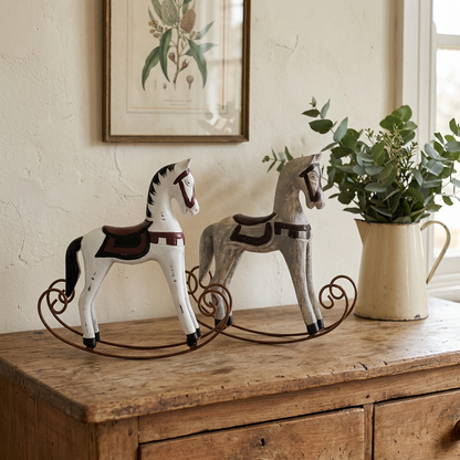 Both rocking horses on a rustic farmhouse sideboard