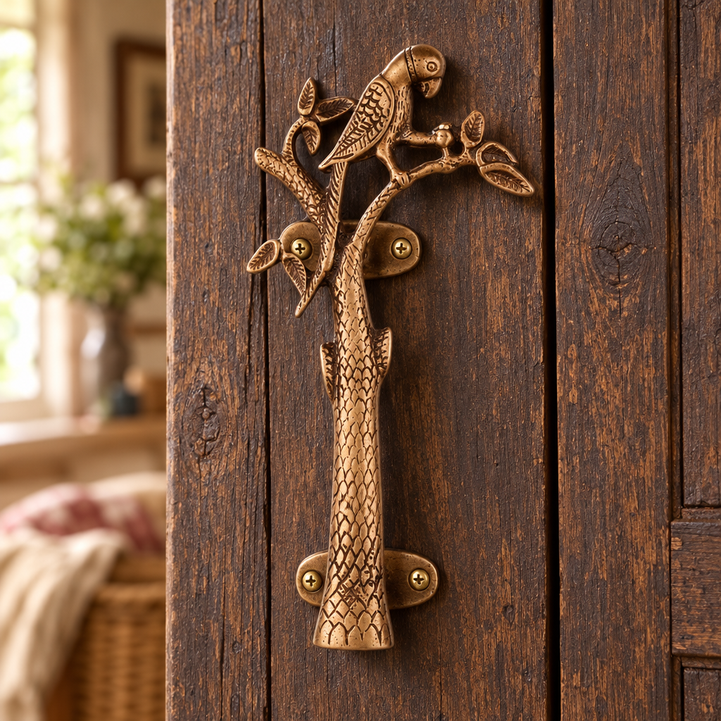 Brass parrot handle on a rustic timber wardrobe
