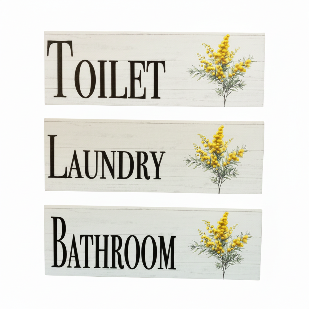 Brightened white-wash Wattle toilet laundry bathroom sign set