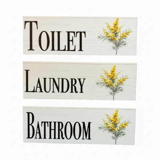 Brightened white-wash Wattle toilet laundry bathroom sign set