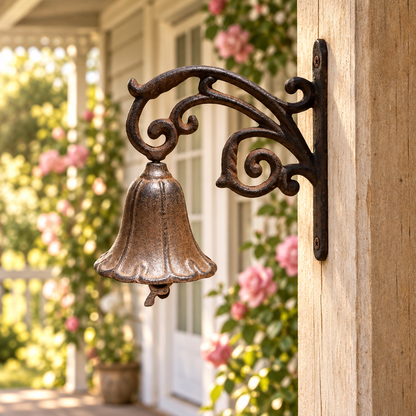 Bronze floral door bell on a cottage porch