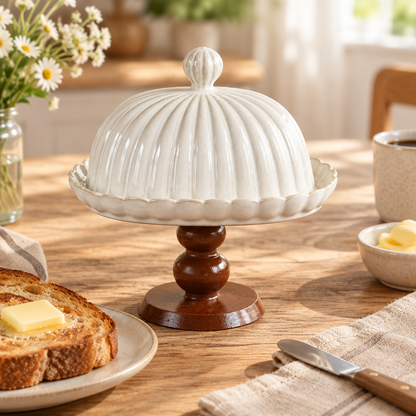 Brown pedestal butter dish on a farmhouse breakfast table