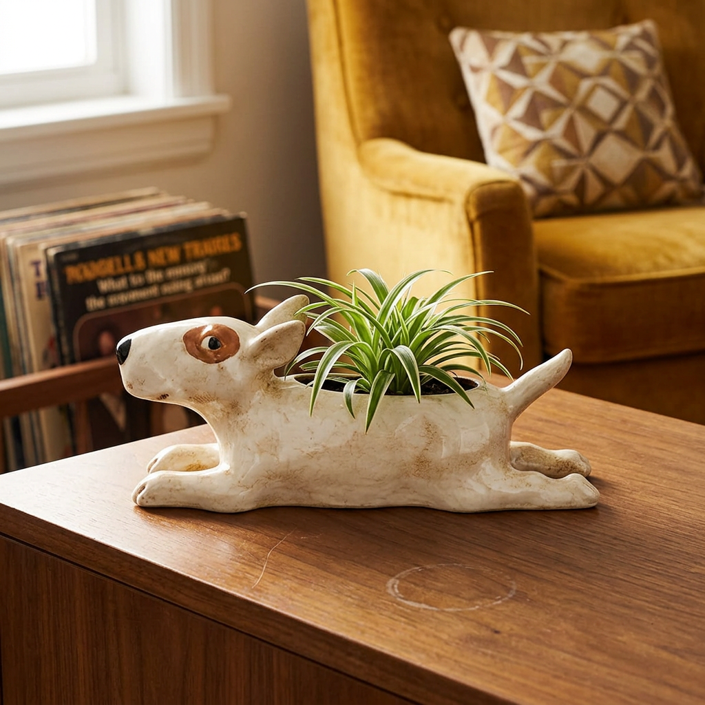 Bull Terrier planter with a spider plant in a retro home