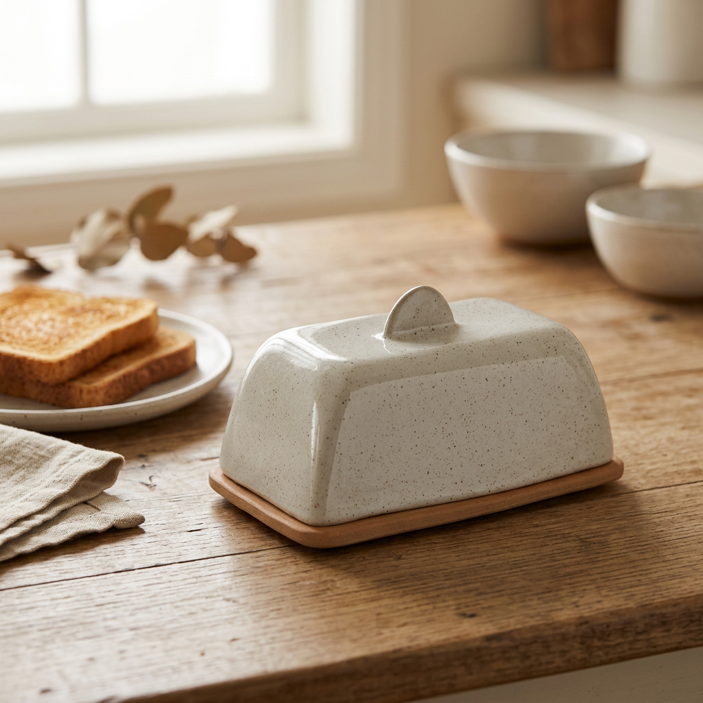 Butter dish on a farmhouse breakfast table