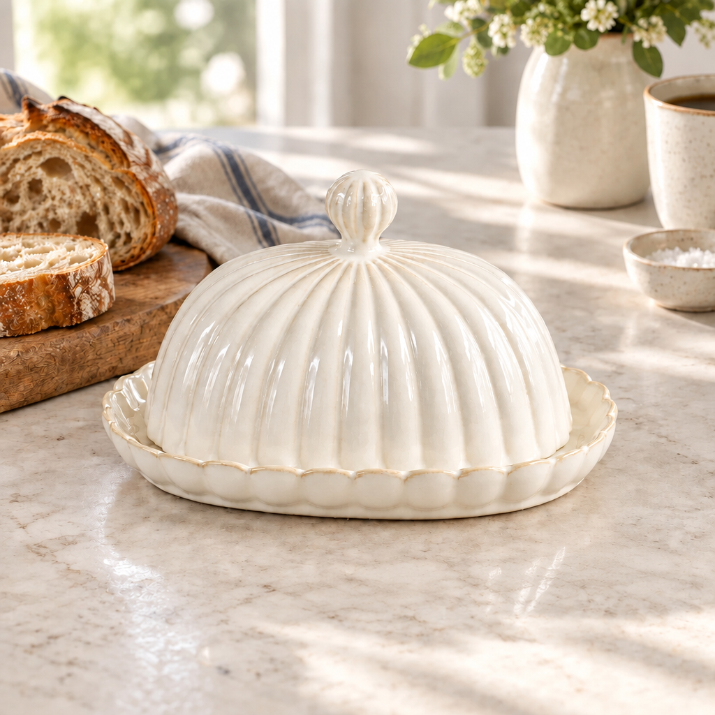 Butter dish with knife on a kitchen counter