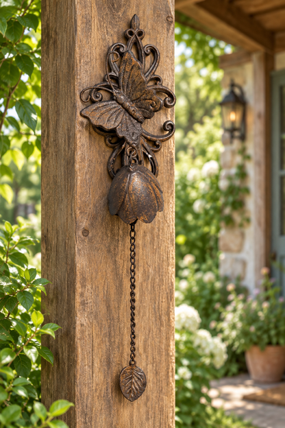 Butterfly doorbell at a covered garden entrance
