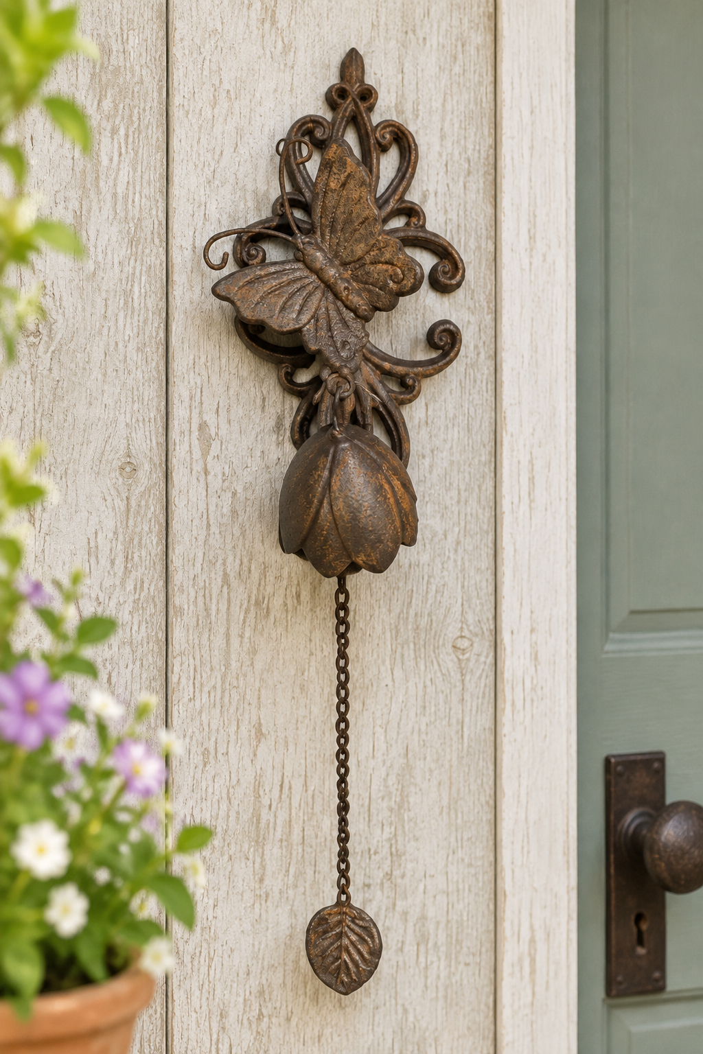 Butterfly doorbell beside a cottage front door