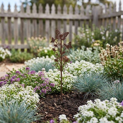 Butterfly stake among low cottage-garden flowers