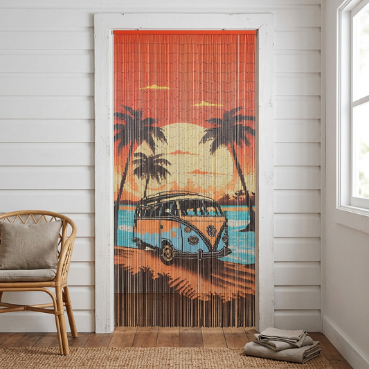 Campervan bamboo curtain in a retro coastal cottage doorway
