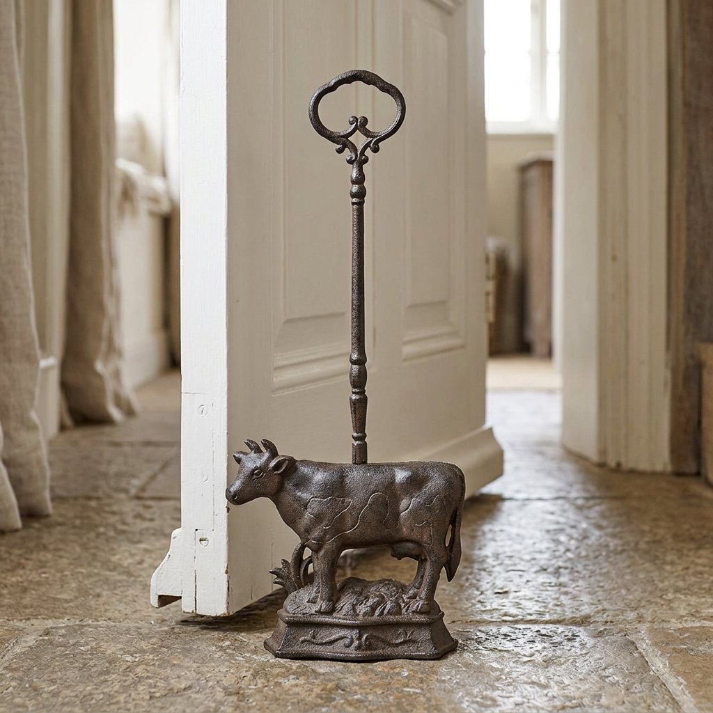 Cast iron cow doorstop beside an open cottage hallway door