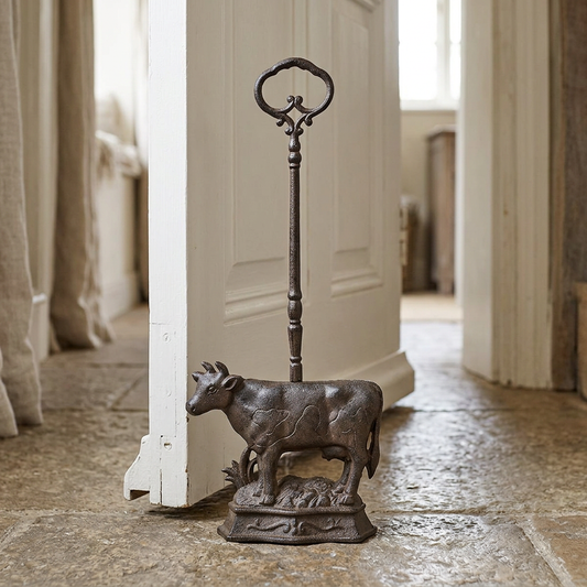 Cast iron cow doorstop beside an open cottage hallway door