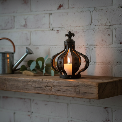 Cast iron crown as a candle cover on a farmhouse mantel