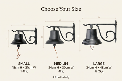 Cast iron entrance doorbell comparison: Small 15 × 21cm, 1.4kg; Medium 24 × 30cm, 4kg; Large 34 × 48cm, 12.2kg