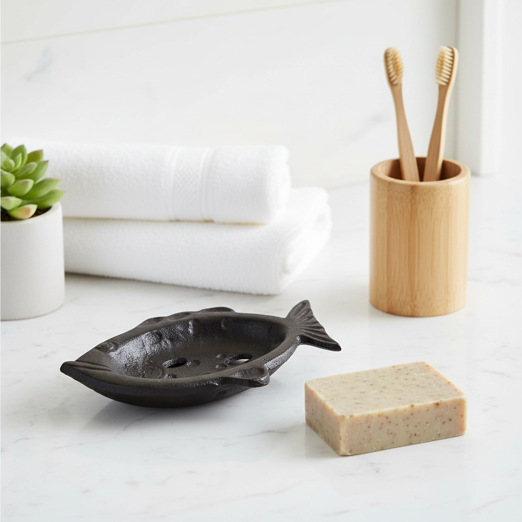 Cast iron fish soap dish — marble bathroom lifestyle