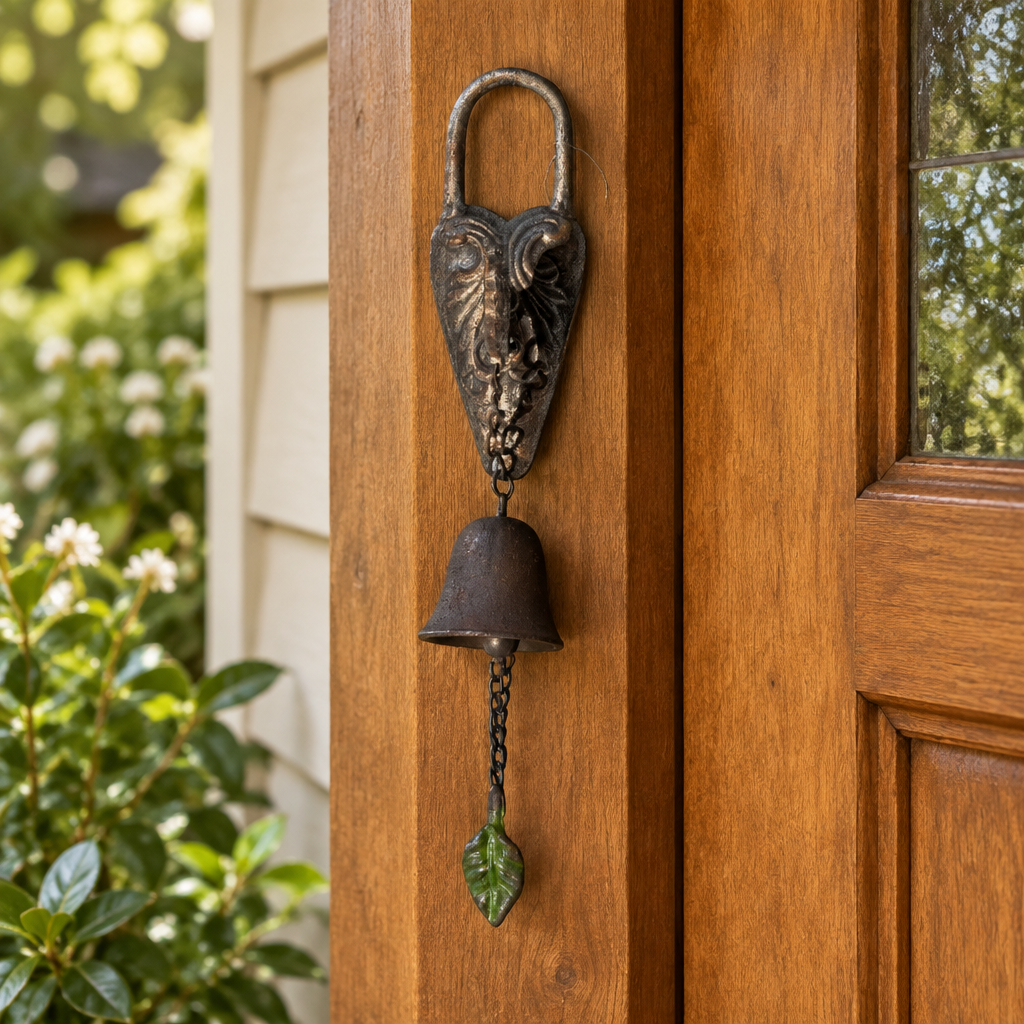 Cast iron heart-lock doorbell beside a timber cottage entry