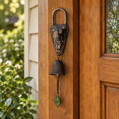 Cast iron heart-lock doorbell beside a timber cottage entry