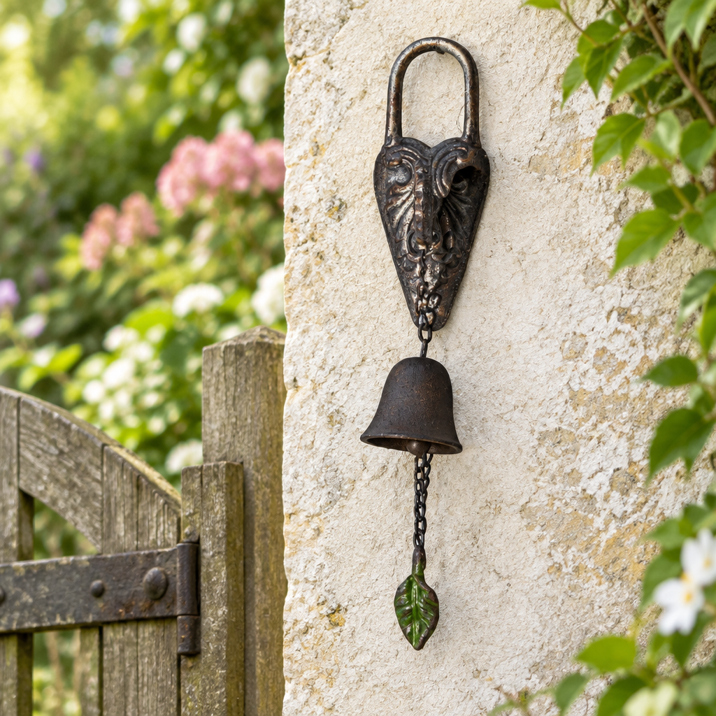 Cast iron heart-lock doorbell by a cottage garden wall