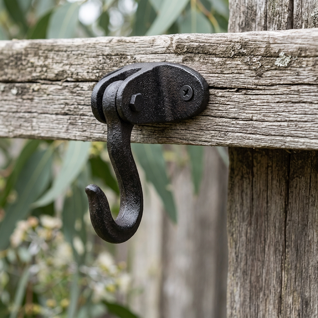 Cast iron hook on a rustic garden shed