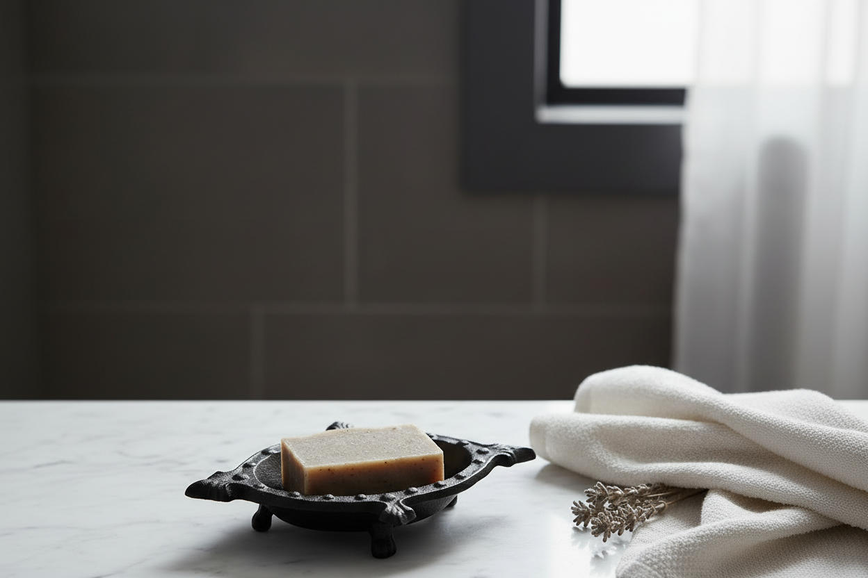 Cast iron ornate gothic soap dish — marble bathroom lifestyle