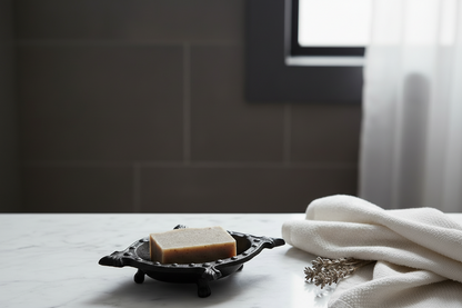 Cast iron ornate gothic soap dish — marble bathroom lifestyle