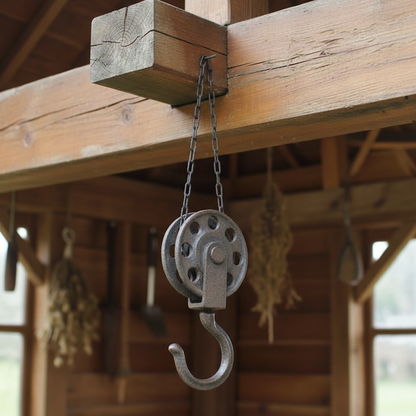 Cast Iron Pulley Hook — Single Hanging from Timber Beam