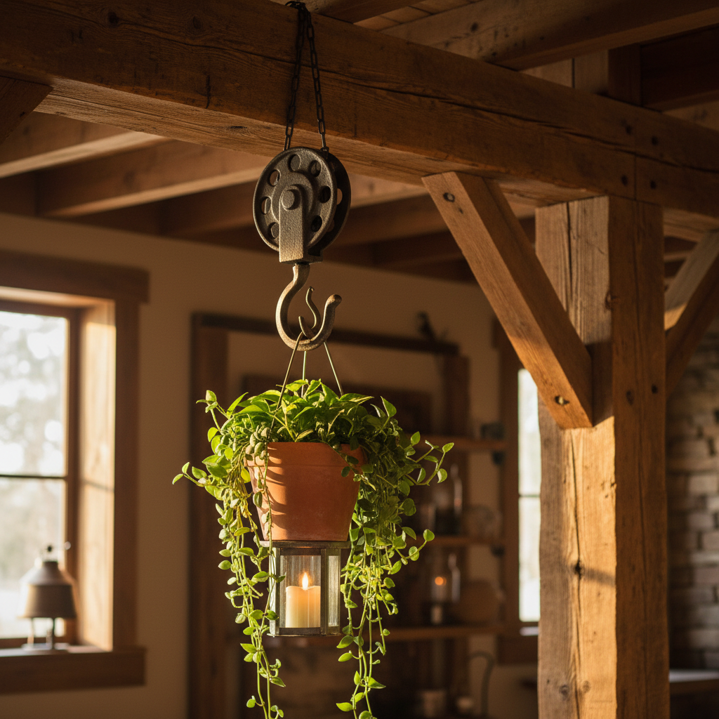 Cast Iron Pulley Hook — With Plant or Lantern Hanging