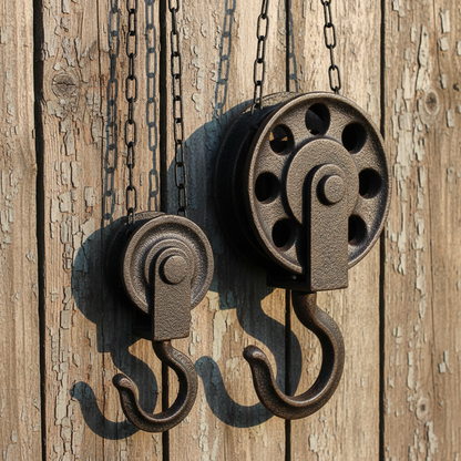 Cast Iron Pulley Hooks — Small & Large Side by Side